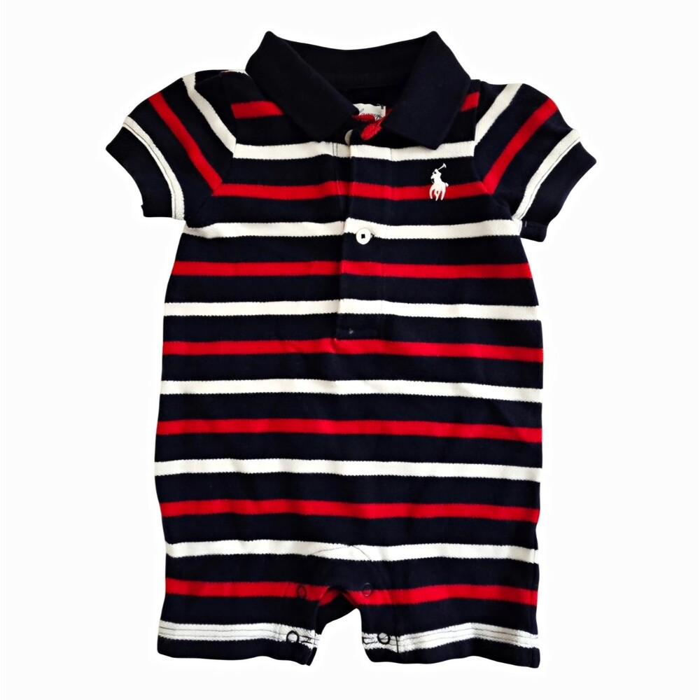 Ralph Lauren Striped Polo Romper One-Piece Cotton Knit Navy/Red/White 3-6M